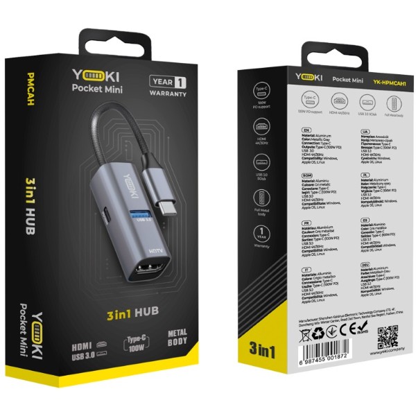 Фото - Хаб USB YOKI Pocket Mini 3in1 Gray (YK-HPMCAH1)